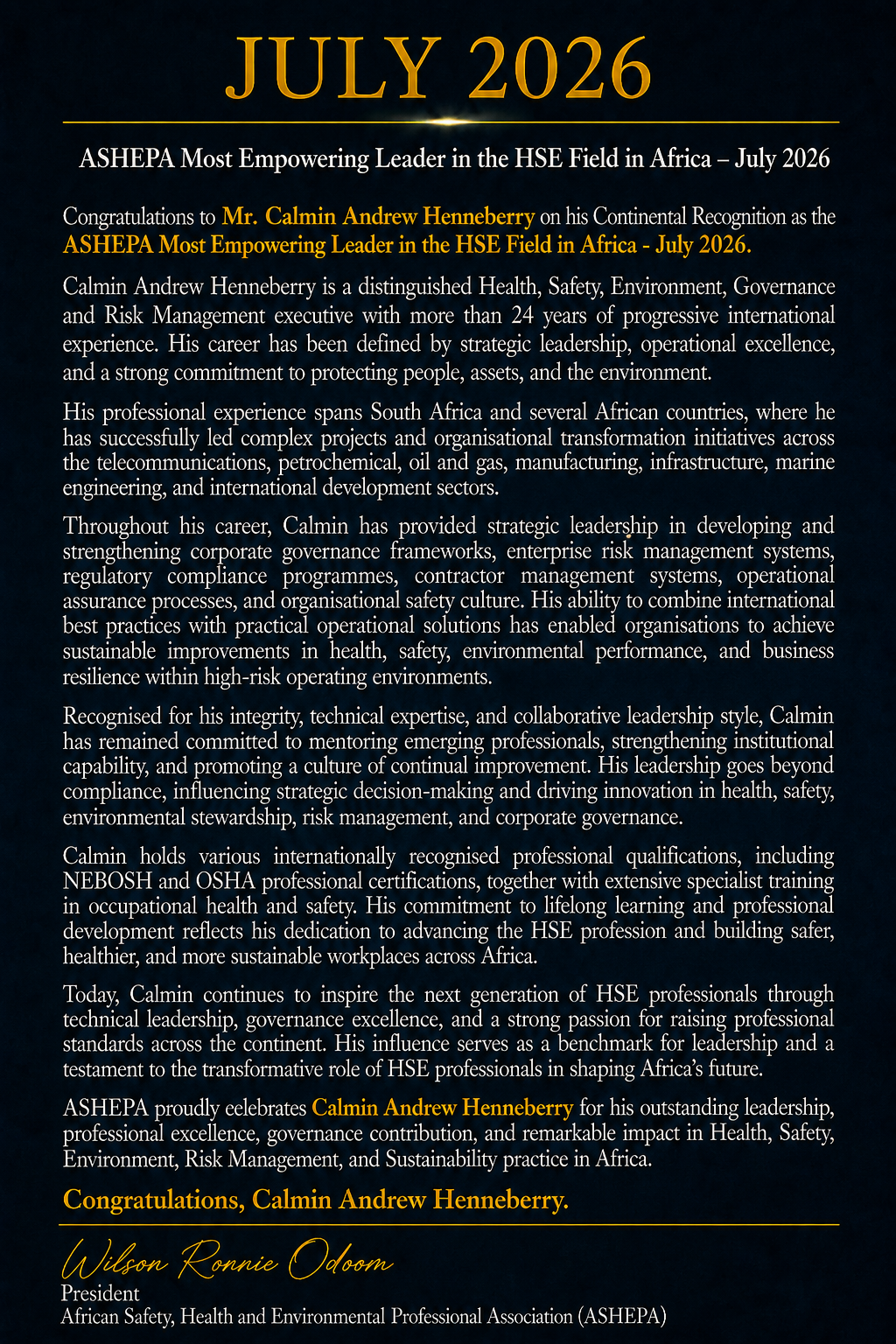 ASHEPA HSE Changemaker July 2026 Recognition Text