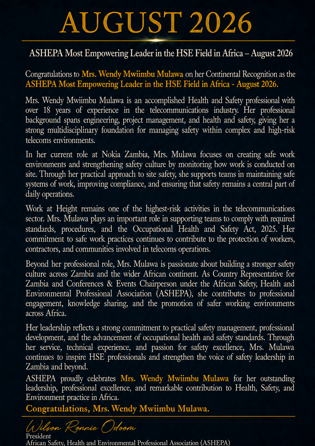 ASHEPA HSE Changemaker August 2026 Recognition Text