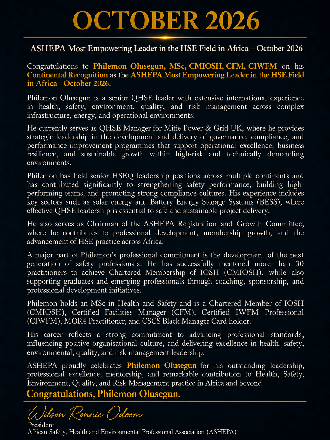 ASHEPA HSE Changemaker October 2026 Recognition Text